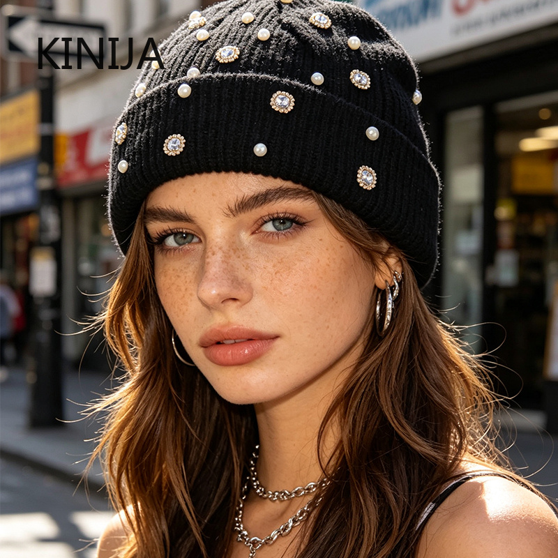 Beanie Cuffed Knit - 冬用ニットビーニーハット パールとラインストーン装飾 カフ付きスカルキャップ 伸縮性のある暖かく柔らかなニット帽 ファッション パーティー
