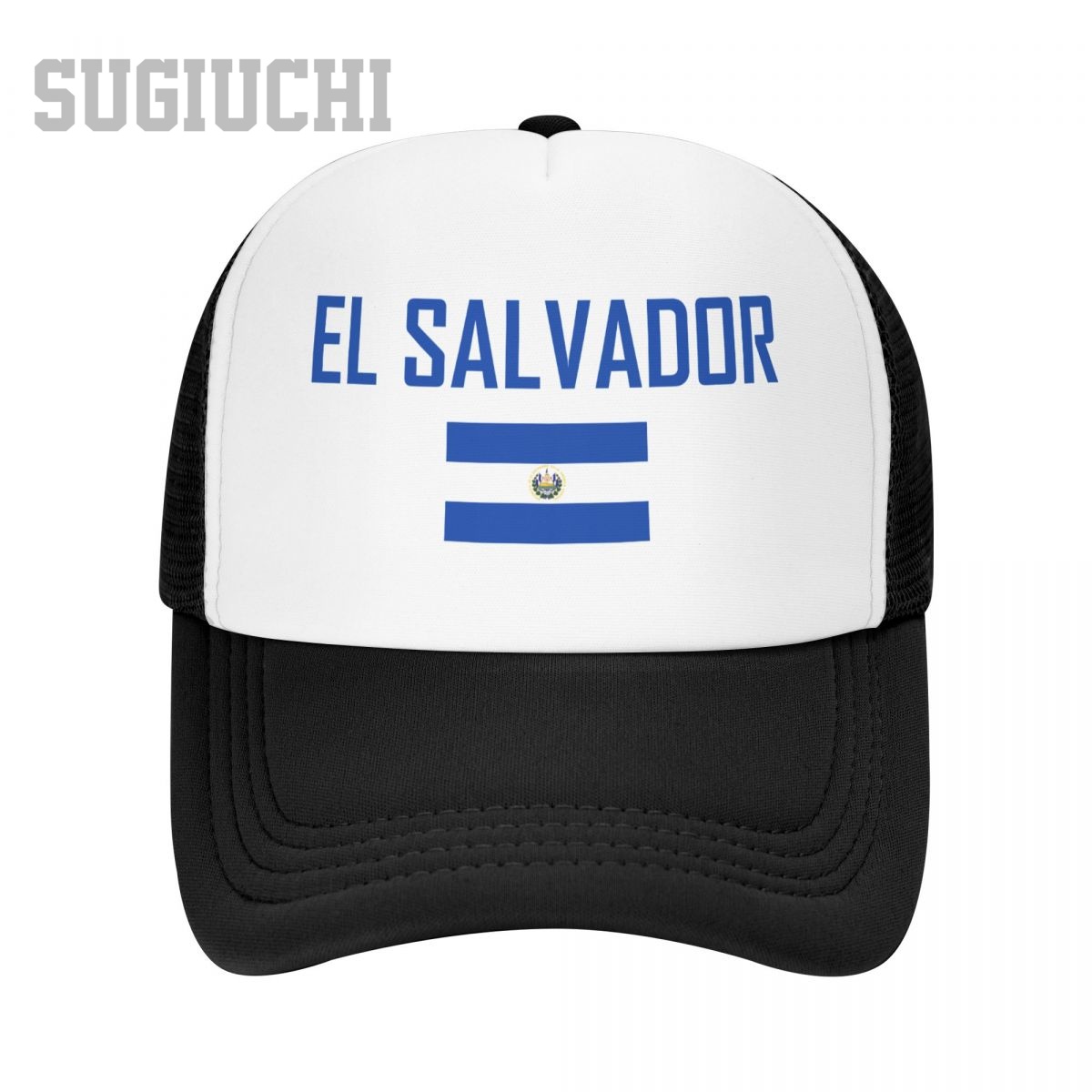 Trucker Cap Mesh - メッシュキャップ、エル・サルバドルの国旗と文字がデザインされた、男女兼用の野球帽。