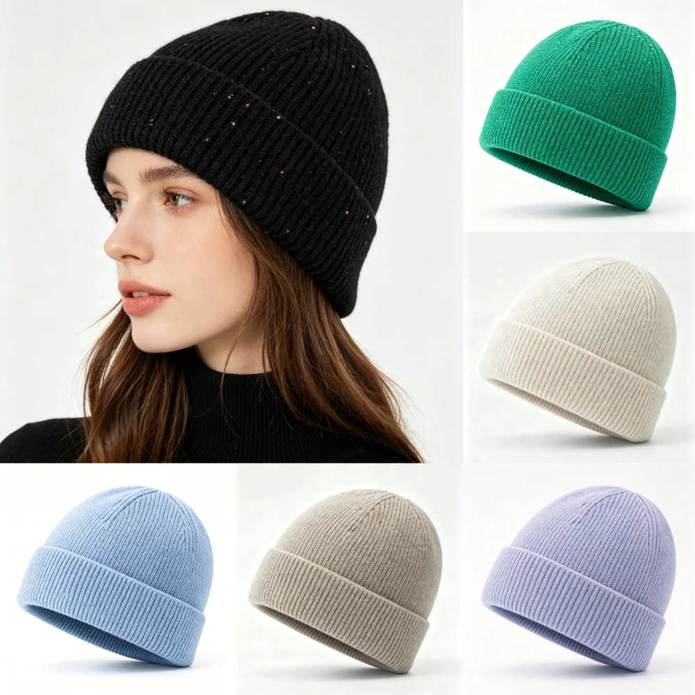 新作の女性用リブ編みニット帽、斑点模様のグリッター装飾が施さ - Beanie Cuffed Knit のレビューと価格