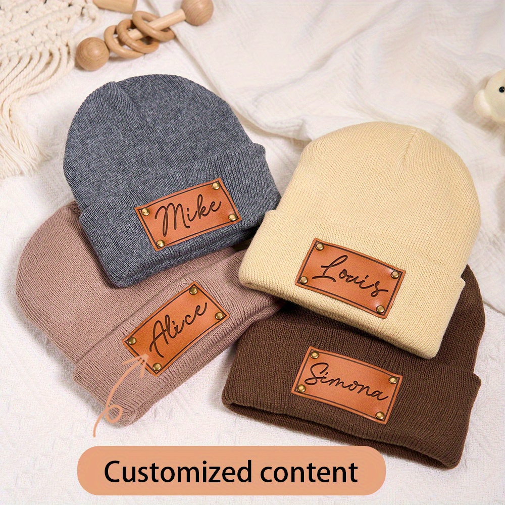 カスタムレザーパッチ付きニット帽、名前入り、カスタム刻印タグ - Beanie Cuffed Knit のレビューと価格